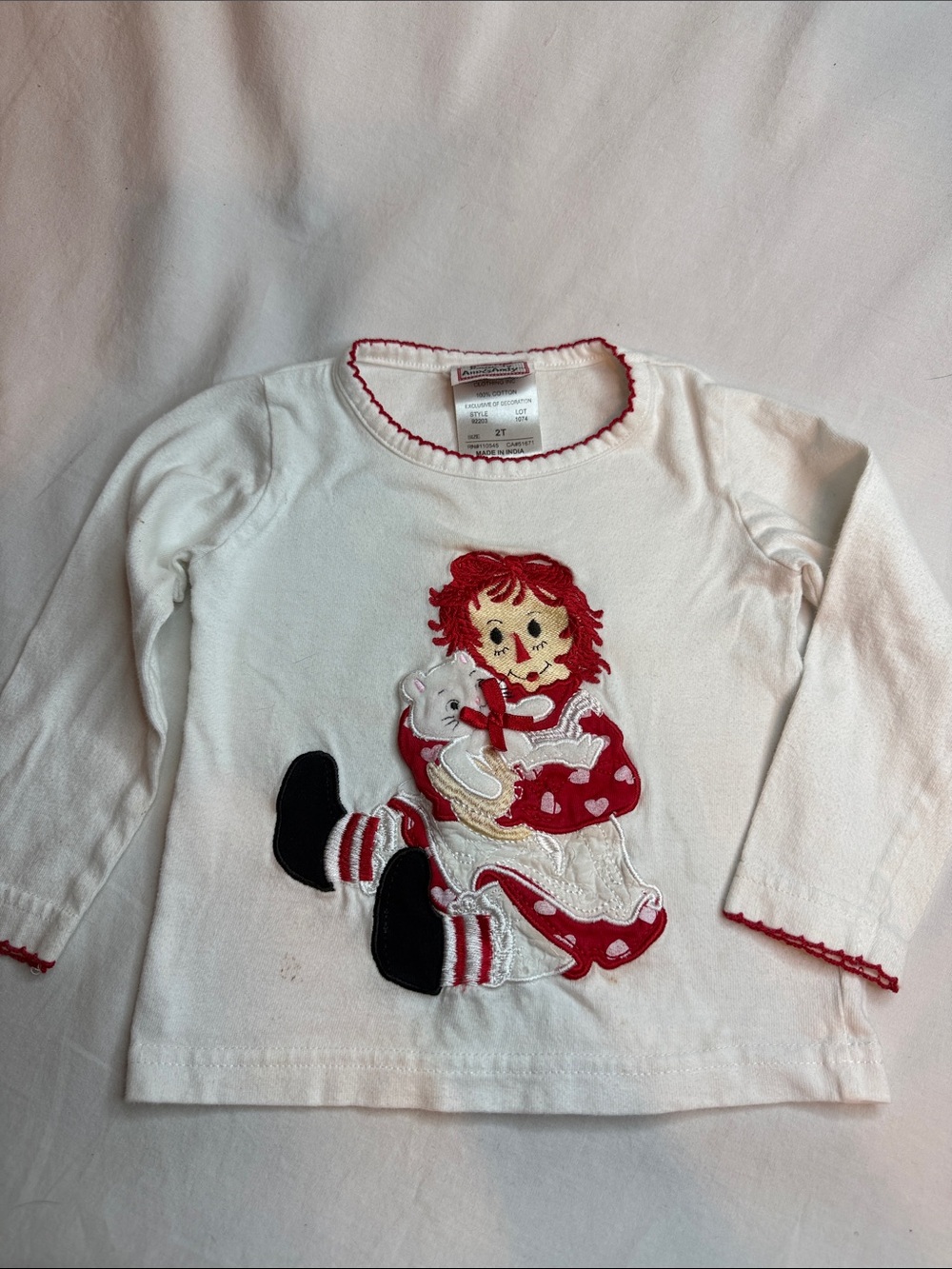 Vintage Long Sleeve Tee with Red Raggedy Ann white cat 2T